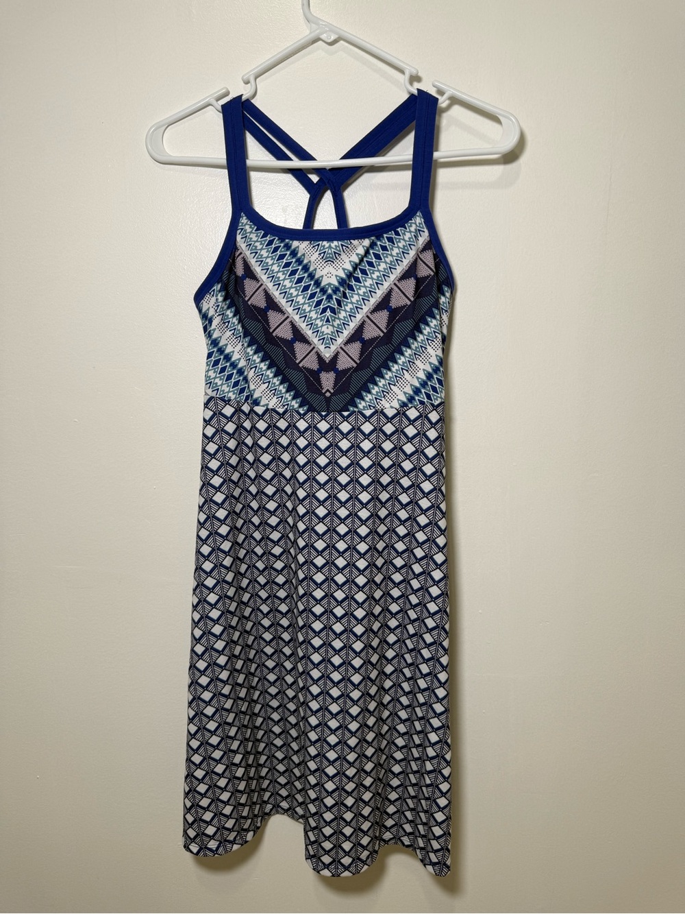 Prana Cora Print Dress Blue Geometric Ikat Racerback Strap with Built-In Bra